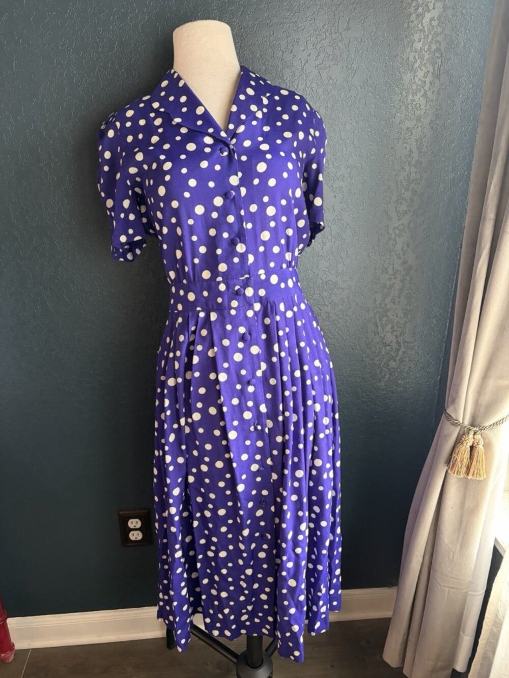 Vintage Purple White Polka Dot Karin Stevens Petites Dress Cap Sleeve Midi Sz 4